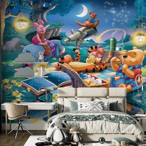 Winnie the Pooh Wallpaper – Starry Night Sky Wall Mural, Cartoon Forest Friends, Magical Kids Room & Nursery Decoration