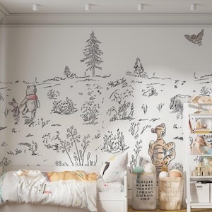 Winnie the Pooh Wallpaper – Classic Sketch Wall Mural, Kids Room Storybook Design, Vintage Nursery Forest Animals Decoration
