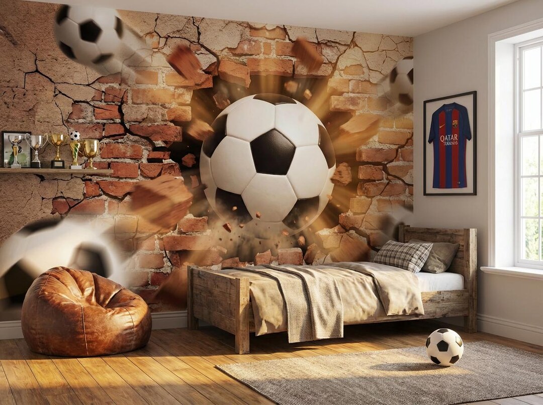 Exploding Bricks Decal Soccer Ball Wallpaper – Exploding Brick Wall Sport Mural for Boys' Room ...