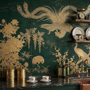 Chinoiserie Wallpaper | Dark Green Gold Phoenix Peacock Panel | Removable Wallpaper