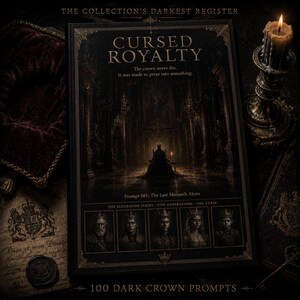 K&ouml;nnte beinhalten: Ein dunkles Buchcover mit dem Titel "CURSED ROYALTY" und dem Text "Die Krone passt nie. Sie wurde gemacht, um sich in etwas zu pressen." Das Cover zeigt eine Illustration eines Thronsaals und eines Monarchen. Das Buch ist von anderen antiken Gegenst&auml;nden umgeben.