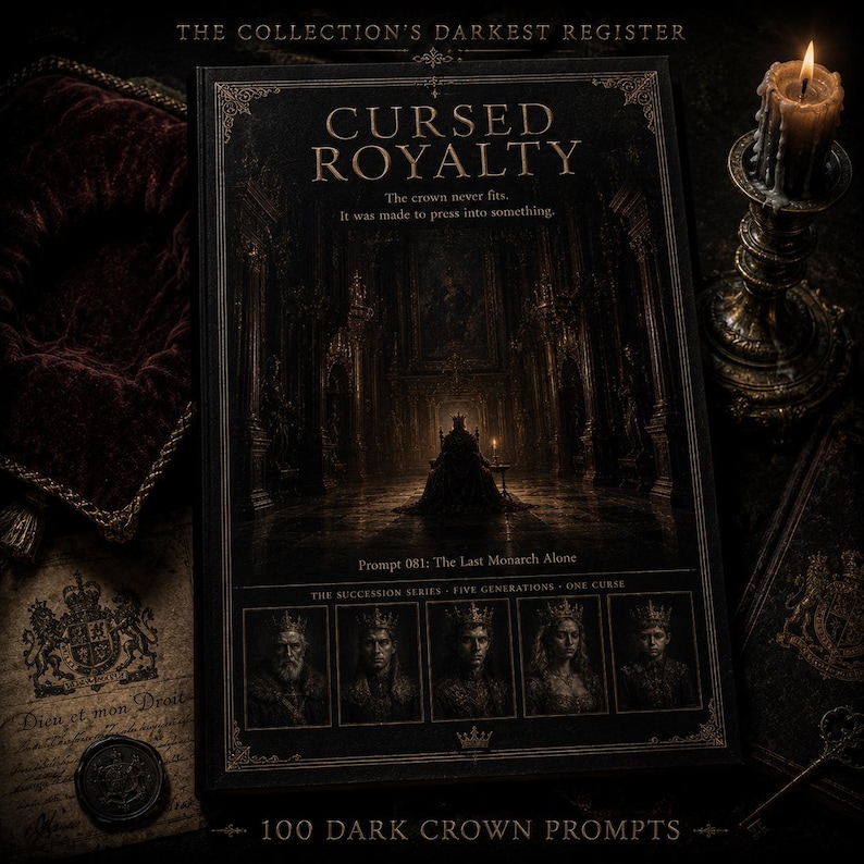 K&ouml;nnte beinhalten: Ein dunkles Buchcover mit dem Titel "CURSED ROYALTY" und dem Text "Die Krone passt nie. Sie wurde gemacht, um sich in etwas zu pressen." Das Cover zeigt eine Illustration eines Thronsaals und eines Monarchen. Das Buch ist von anderen antiken Gegenst&auml;nden umgeben.