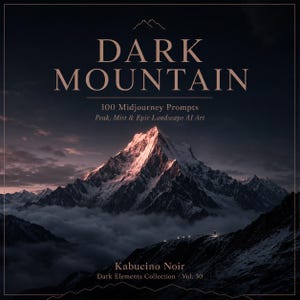 May include: A square book cover titled DARK MOUNTAIN 100 Midjourney Prompts Peak, Mist & Epic Landscape AI Art by Kabucino Noir Dark Elements Collection Vol. 30. The image features a snow-capped mountain peak rising above clouds at twilight.