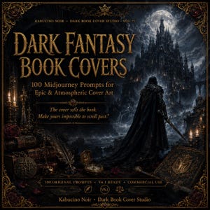 May include: A digital graphic featuring the text Dark Fantasy Book Covers, 100 Midjourney Prompts for Epic & Atmospheric Cover Art, and The cover sells the book. Make yours impossible to scroll past. The image depicts a dark castle and a cloaked figure.