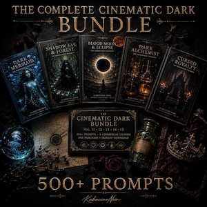 K&ouml;nnte beinhalten: Das Bild zeigt eine Sammlung von Fantasy-B&uuml;chern mit dem Titel "The Complete Cinematic Dark Bundle". Die Buchcover zeigen dunkle, gotische Illustrationen und Titel wie "Dark Mermaid", "Shadow Fae & Forest" und "Blood Moon & Eclipse". Das Bundle enth&auml;lt &uuml;ber 500 Prompts.