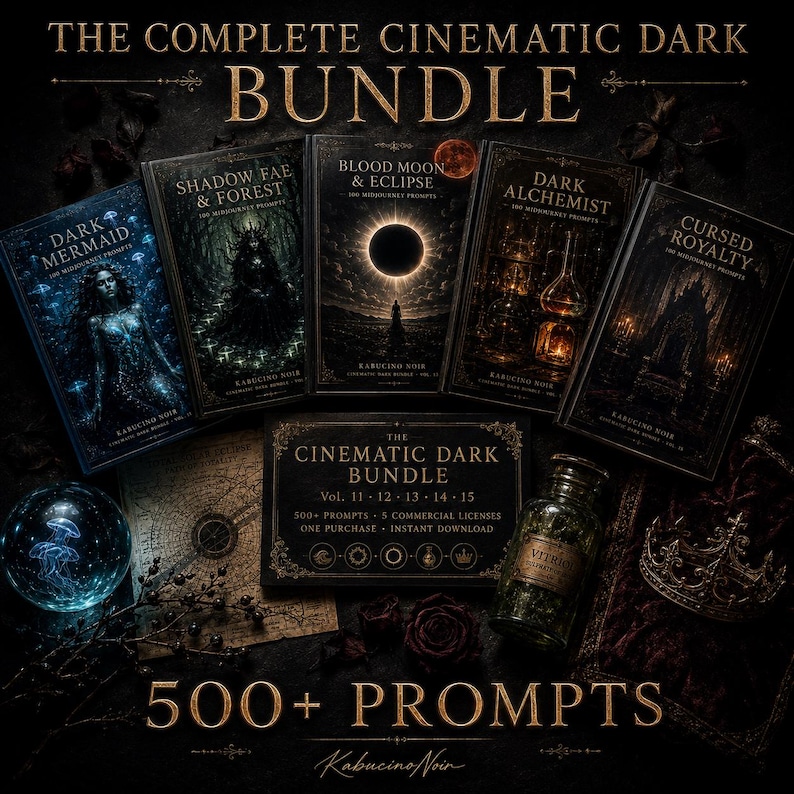 K&ouml;nnte beinhalten: Das Bild zeigt eine Sammlung von Fantasy-B&uuml;chern mit dem Titel "The Complete Cinematic Dark Bundle". Die Buchcover zeigen dunkle, gotische Illustrationen und Titel wie "Dark Mermaid", "Shadow Fae & Forest" und "Blood Moon & Eclipse". Das Bundle enth&auml;lt &uuml;ber 500 Prompts.