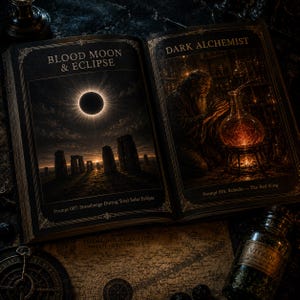 K&ouml;nnte beinhalten: Ein offenes Buch mit zwei Illustrationen. Die linke Seite zeigt "BLOOD MOON & ECLIPSE" mit einer Sonnenfinsternis &uuml;ber Stonehenge. Die rechte Seite zeigt "DARK ALCHEMIST" mit einem Alchemisten. Eine Karte und eine Flasche "VITRIOL" sind ebenfalls zu sehen.