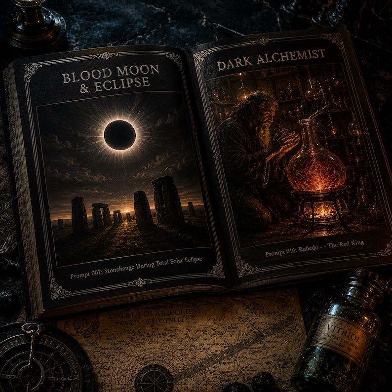 K&ouml;nnte beinhalten: Ein offenes Buch mit zwei Illustrationen. Die linke Seite zeigt "BLOOD MOON & ECLIPSE" mit einer Sonnenfinsternis &uuml;ber Stonehenge. Die rechte Seite zeigt "DARK ALCHEMIST" mit einem Alchemisten. Eine Karte und eine Flasche "VITRIOL" sind ebenfalls zu sehen.