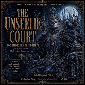 May include: A digital download PDF titled The Unseelie Court 100 Midjourney Prompts for Dark Fae & Malevolent Court AI Art. The cover features a dark-haired figure in an ornate crown and black attire sitting on a throne with a raven and staff.
