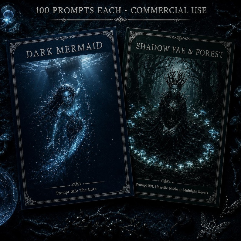 K&ouml;nnte beinhalten: Zwei Fantasy-Kunstkarten. Eine zeigt eine dunkle Meerjungfrau unter Wasser, die andere eine Schattenfee in einem Wald. Auf den Karten steht "DARK MERMAID" und "SHADOW FAE & FOREST". Die Karten sind mit "100 PROMPTS EACH &bull; COMMERCIAL USE" beschriftet.