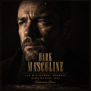 Peut inclure: Un graphique numérique présentant le portrait d'un homme barbu avec un éclairage tamisé. Le texte indique : DARK MASCULINE, 100 MIDJOURNEY PROMPTS, Brooding Hero Portrait, AI Art, Kabucino Noix, NOIR CINEMA COLLECTION - VOL. 23, THE WEIGHT IS NOT THE PROBLEM.