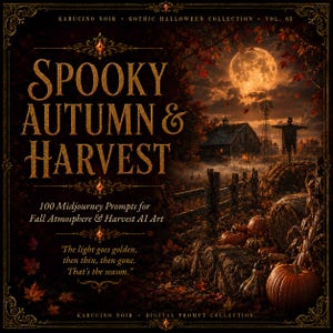 May include: A digital collection cover titled Spooky Autumn & Harvest, featuring a dark, atmospheric farm scene with a full moon, a barn, a scarecrow, and pumpkins. The text includes 100 Midjourney Prompts for Fall Atmosphere & Harvest AI Art.