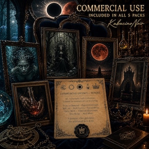 K&ouml;nnte beinhalten: Eine Sammlung gerahmter Dark-Art-Drucke mit gotischen und Fantasy-Themen. Die Bilder zeigen eine Frau, ein Schloss und einen roten Mond. Ein Pergament mit dem Text "COMMERCIAL LICENCE - BUNDLE" ist ebenfalls vorhanden.
