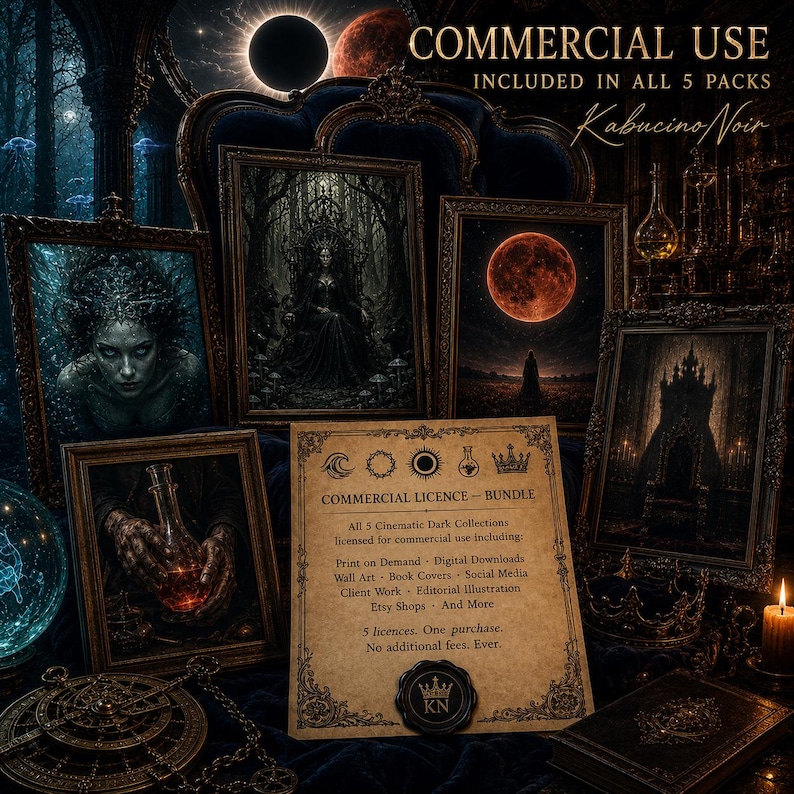 K&ouml;nnte beinhalten: Eine Sammlung gerahmter Dark-Art-Drucke mit gotischen und Fantasy-Themen. Die Bilder zeigen eine Frau, ein Schloss und einen roten Mond. Ein Pergament mit dem Text "COMMERCIAL LICENCE - BUNDLE" ist ebenfalls vorhanden.