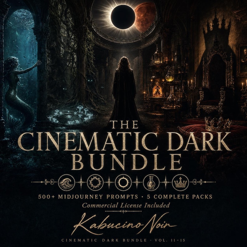 K&ouml;nnte beinhalten: Ein digitales Kunstwerk mit einem dunklen, gotischen Thema. Der Text "THE CINEMATIC DARK BUNDLE" ist prominent dargestellt. Das Bild zeigt eine Silhouette, eine Meerjungfrau und eine Krone. Der Text "500+ MIDJOURNEY PROMPTS" und "5 COMPLETE PACKS" ist ebenfalls sichtbar.