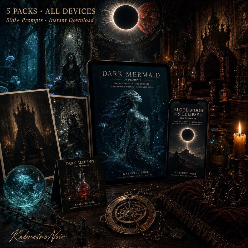 K&ouml;nnte beinhalten: Eine k&uuml;nstlerische Darstellung von digitalen Kunstpaketen mit Dark-Fantasy-Themen. Das Bild zeigt ein Tablet und ein Telefon mit Kunstwerken sowie gedruckte Karten, eine leuchtende Kugel und einen Kompass. Text enth&auml;lt "DARK MERMAID" und "BLOOD MOON & ECLIPSE."