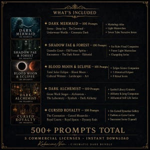 K&ouml;nnte beinhalten: Ein digitales Produktpaket mit einem Dark-Fantasy-Thema. Das Bild zeigt Text und Grafiken f&uuml;r Dark Mermaid, Shadow Fae & Forest, Blood Moon & Eclipse, Dark Alchemist und Cursed Royalty. Enth&auml;lt 500+ Prompts und 5 kommerzielle Lizenzen.