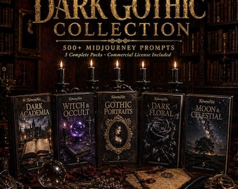 Dark Gothic Midjourney Bündel | 500+ KI-Kunst-Prompts | Academia, Hexe, Portrait, Floral & Himmlisch | Kommerzielle Nutzung