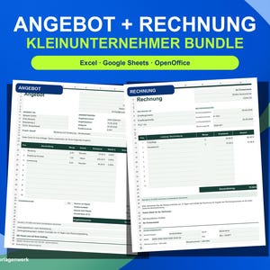 Könnte beinhalten: Ein digitales Bündel von Geschäftsdokumentvorlagen mit Angebot und Rechnung. Der Text lautet ANGEBOT + RECHNUNG KLEINUNTERNEHMER BUNDLE, kompatibel mit Excel, Google Sheets und OpenOffice. Die Dokumente sind weiß mit dunkelblauen Kopfzeilen.