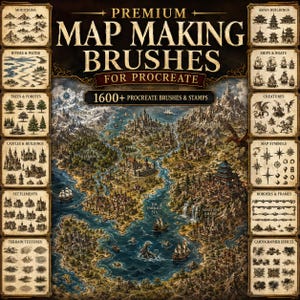 Könnte beinhalten: Eine digitale Sammlung mit dem Titel Premium Map Making Brushes for Procreate mit über 1600 Pinseln und Stempeln. Das zentrale Bild ist eine detaillierte Fantasiekarte mit Bergen, Wäldern, Burgen und Schiffen, umgeben von Symbolleisten.