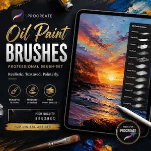May include: A digital tablet displaying a sunset seascape painting with a Procreate oil paint brush set menu. The screen shows various brush stroke textures. Text includes Oil Paint Brushes, Professional Brush Set, and Made for Procreate.