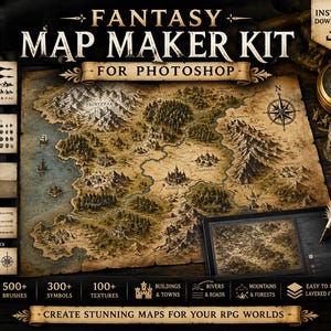 May include: A digital design kit titled Fantasy Map Maker Kit for Photoshop, featuring a detailed parchment-style fantasy map with mountains, forests, and rivers, alongside panels displaying brushes, symbols, textures, frames, and compass roses.
