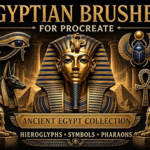 Op de afbeelding: Een digitale afbeelding met de tekst EGYPTIAN BRUSHES FOR PROCREATE en ANCIENT EGYPT COLLECTION HIEROGLYPHS SYMBOLS PHARAOHS. De afbeelding toont een gouden faraobuste, het Oog van Horus, een blauwe scarabee, een Ankh en twee sfinxbeelden.