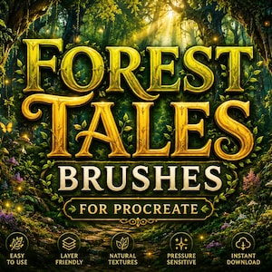 May include: A digital product listing for 74 premium brushes for Procreate titled Forest Tales Brushes. The graphic features gold text set against a lush, illuminated forest background with mushrooms, foliage, and a lantern, including icons for features.