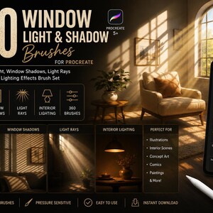 360 Window Light & Shadow Brushes for Procreate | Realistic Sunlight, Window Shadows, Light Rays, Interior Lighting Effects Brush Set