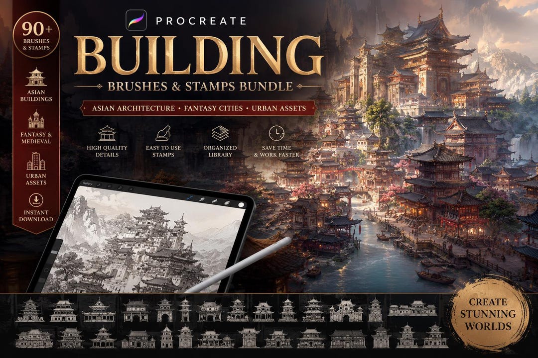 90+ Procreate Building Brushes & Stamps Bundle | Asian Architecture ...