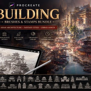 May include: Digital art bundle for Procreate featuring Asian architecture, fantasy cities, and urban assets. Includes 90+ brushes and stamps. The image shows a tablet with a drawing of a detailed Asian city, with a larger, colorful illustration of a similar city in the background.
