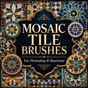 Könnte beinhalten: Eine digitale Grafik mit dem Text MOSAIC TILE BRUSHES For Photoshop & Illustrator in goldener Schrift auf einem dunkelblauen, verzierten Rahmen, umgeben von einem Hintergrund aus komplexen, bunten geometrischen Mosaikmustern in Blau, Gold und Weiß.