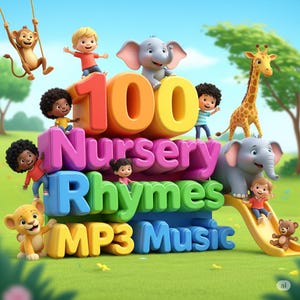 Op de afbeelding: Een kleurrijke illustratie die reclame maakt voor "100 Nursery Rhymes MP3 Music". De afbeelding toont geanimeerde kinderen, dieren en de tekst "100 Nursery Rhymes MP3 Music" in grote, gestapelde, kleurrijke letters. Een aap zwaait aan een liaan.
