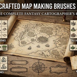 May include: A digital collection titled 500+ HANDCRAFTED MAP MAKING BRUSHES & TEXTURES, THE COMPLETE FANTASY CARTOGRAPHER'S KIT. It includes 114 mountain brushes, 262 settlement brushes, 38 forest brushes, ship and creature brushes, decorative frames, a compass rose, and vintage paper textures displayed over a central fantasy map illustration.