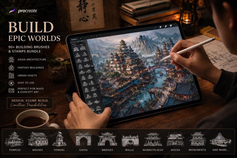 90+ Procreate Building Brushes & Stamps Bundle | Asian Architecture ...