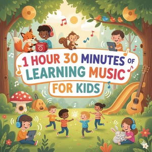 May include: A colorful illustration featuring children and animals in a forest setting with the text 1 HOUR 30 MINUTES OF LEARNING MUSIC FOR KIDS. The scene includes a red speaker, tablets, a guitar, a slide, and musical notes floating in the air.