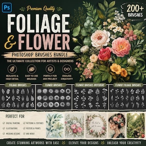 May include: A digital product advertisement for a Photoshop brushes bundle titled FOLIAGE & FLOWER. The graphic features a large bouquet of colorful flowers and green leaves, with grids displaying various black and white brush stroke samples.