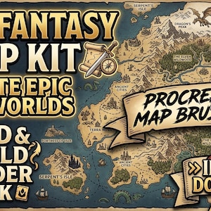May include: A fantasy map kit with the text "300 Fantasy Map Kit" and "Create Epic RPG Worlds." The map features a detailed world with mountains, forests, and oceans. Includes "Procreate Map Brushes" and "Instant Download" text.