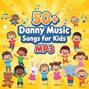 Könnte beinhalten: Eine farbenfrohe Illustration für Kindermusik. Das Bild zeigt den Text "50+ Danny Music Songs for Kids MP3", umgeben von Cartoon-Kindern, Tieren, Noten und einer lächelnden Sonne auf gelbem Hintergrund mit Sternen.