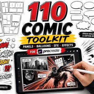 Może przedstawiać: Cyfrowy zestaw narzędzi do tworzenia komiksów w programie Procreate zawierający 110 elementów, w tym panele, dymki, ramki tekstowe oraz efekty dźwiękowe typu BOOM, BAM i ZAP, prezentowany obok tabletu z wyświetloną stroną komiksu.