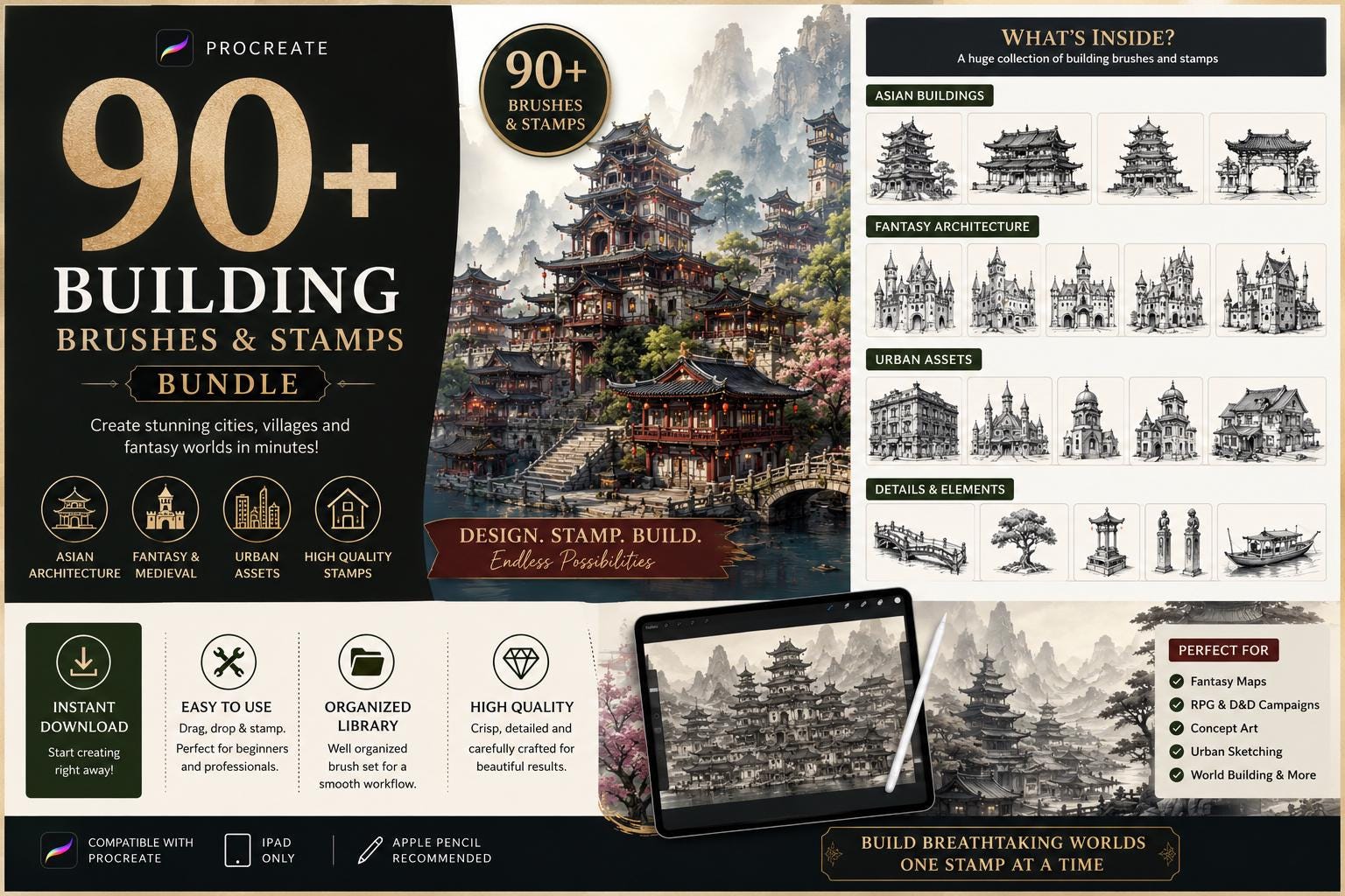90+ Procreate Building Brushes & Stamps Bundle | Asian Architecture ...