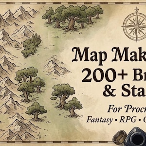 May include: A vintage-style map making kit with the text "Map Making Kit 200+ Brushes & Stamps For Procreate Fantasy RPG Cartography." The image features a detailed map illustration, a compass rose, inkwells, and a quill.