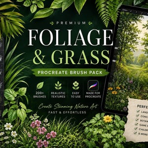 May include: A digital brush pack for Procreate titled Premium Foliage & Grass, featuring a dark green background with various botanical illustrations, a list of brush categories, and a tablet screen displaying a lush forest landscape scene.