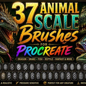 Op de afbeelding: Een digitaal productdisplay met 37 dierlijke schubbenpenselen voor Procreate. De afbeelding bevat illustraties van een draak, slang, vis en reptiel, met de tekst 37 ANIMAL SCALE BRUSHES FOR PROCREATE en een raster van schubpatronen.
