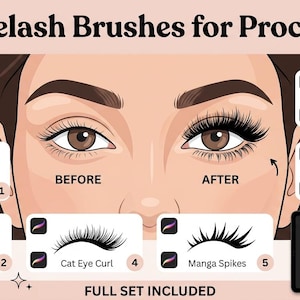 May include: An illustration showcasing 17 Eyelash Brushes for Procreate. The image features a face with one eye showing natural lashes and the other with enhanced lashes. Various lash styles are displayed, including Cat Eye Curl and Manga Spikes.