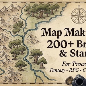 May include: A vintage-style map illustration with the text "Map Making Kit 200+ Brushes & Stamps For Procreate Fantasy RPG Cartography." Includes a compass rose, inkwells, wax seals, and a quill.