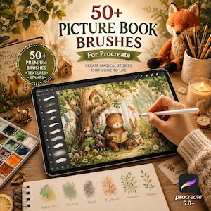 May include: A digital tablet displaying a Procreate interface with a whimsical forest illustration featuring a bear and rabbit. The screen shows a menu of 50+ Picture Book Brushes, textures, and stamps. A stylus is held over the screen.