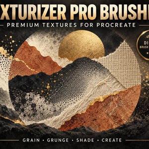 Puede incluir: Una colección de pinceles digitales titulada TEXTURIZER PRO BRUSHES PREMIUM TEXTURES FOR PROCREATE. El gráfico presenta un collage circular de texturas en capas en tonos negro, oro y óxido, con un sol dorado y el texto GRAIN GRUNGE SHADE CREATE.