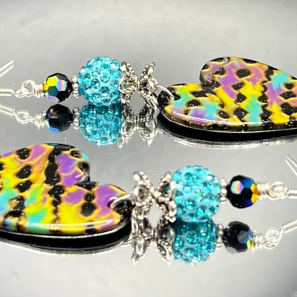 Heart shaped dangle earrings, black turquoise purple heart earrings handmade organic earrings, bling earrings, OOAK