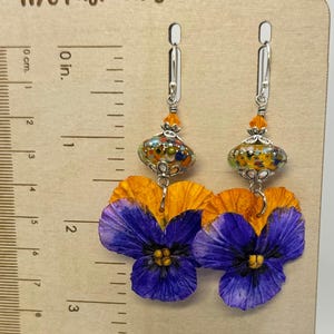 Artisan polymer clay purple orange pansy earrings, lampwork jewelry, flower earrings, floral, earrings for women, gifts for her